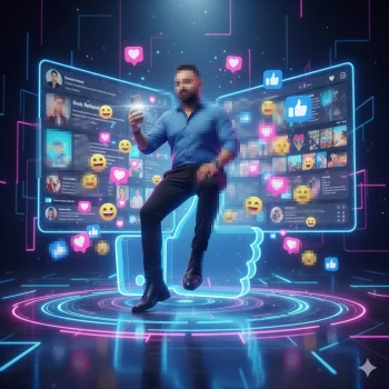 Futuristic social media portrait with neon effects and floating reaction icons