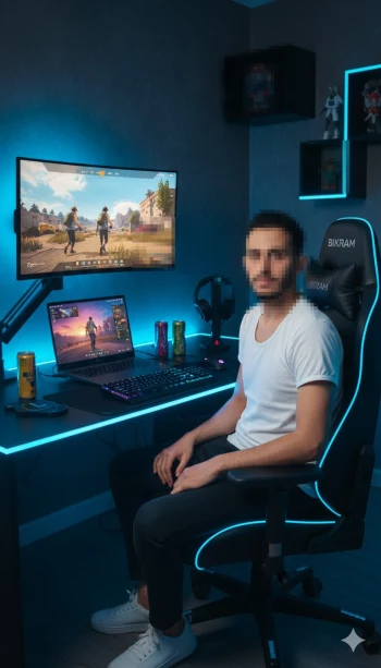 Gamer Sitting in Modern LED Gaming Setup with Dual Monitors and Accessories