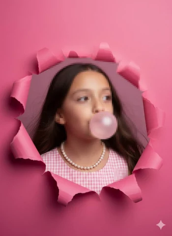 Girl blowing bubblegum through torn pink paper wearing pearl necklace