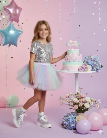 Girl Celebrating Birthday in Pastel Theme with Balloons and Sparkling Cake