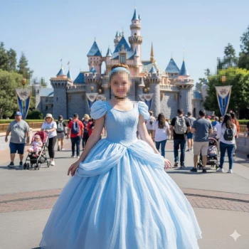 Girl Dressed as Princess in Blue Gown at Fairytale Castle Theme Park
