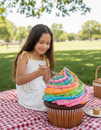 Girl Enjoying a Giant Rainbow Cupcake at a Picnic on a Sunny Day