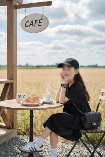 Girl enjoying coffee and croissants at countryside café on a sunny morning