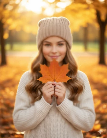 Girl Holding Autumn Leaf in Golden Park Wearing Beige Sweater and Beanie