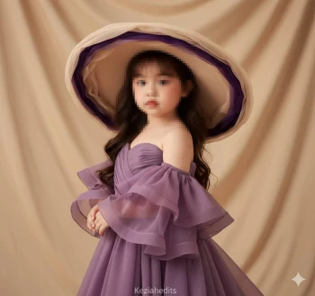 Girl in a purple dress wearing a large elegant hat in a soft studio setting
