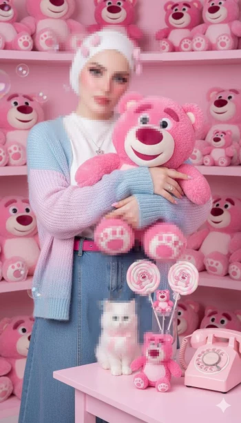 Girl in pastel pink room holding teddy bear with kitten and candy props