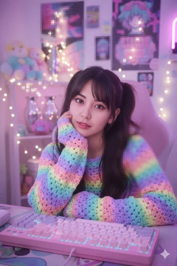 Girl in pastel rainbow sweater sitting at pink gaming setup with lights