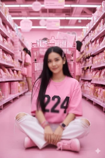 Girl in pink outfit sitting in pastel themed store with matching decor