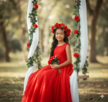 Girl in red dress with floral crown sitting on a decorated swing in the garden