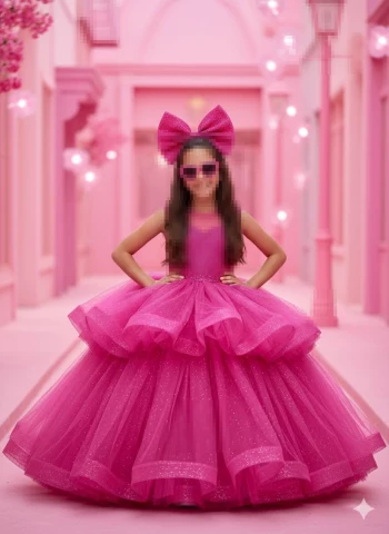 Girl in sparkling pink gown with bow headband posing in pink fantasy setting