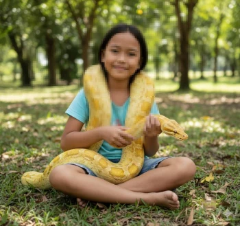 Girl sitting in park holding large yellow python around her shoulders