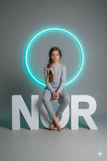 Girl Sitting on NOR Letters with Neon Circle Light in Modern Studio Portrait