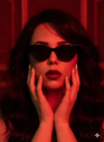 Glamorous woman in red lighting wearing sunglasses with golden nails