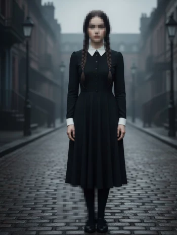 Gothic Girl Standing on Foggy Cobblestone Street in Black Dress with Braids