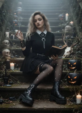 Gothic Witch Aesthetic Scene with Spells, Pumpkins, and Dark Atmosphere
