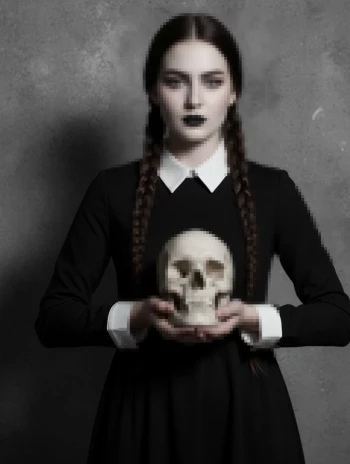 Gothic woman in black dress holding skull against dark moody background