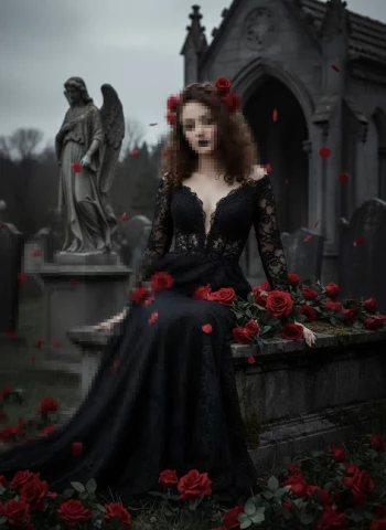 Gothic Woman in Black Lace Dress Surrounded by Red Roses in a Graveyard