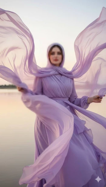 Graceful sunset portrait of a woman in a flowing lavender dress by the water