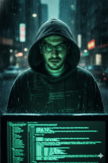 Hacker in dark hoodie coding at night under rain with green neon light