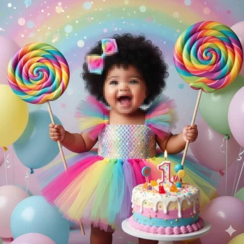 Happy Baby Girl Celebrating First Birthday with Rainbow Cake and Lollipops