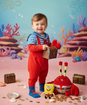 Happy Baby Playing with SpongeBob Toys and Treasure in Underwater Theme