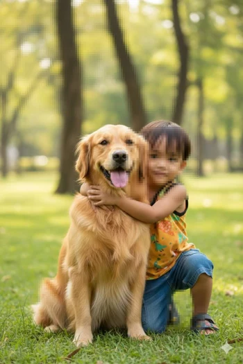 Happy boy hugging golden retriever dog in sunny green park