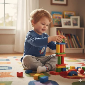 Happy Boy Playing with Colorful Wooden Blocks in a Bright Playroom