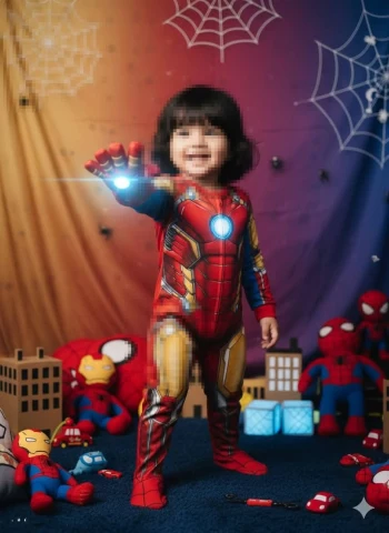 Happy child dressed as Iron Man playing in colorful superhero themed room