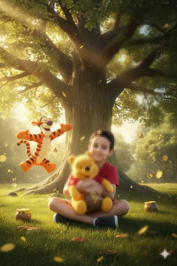 Happy child playing with Winnie the Pooh and Tigger under a sunny tree