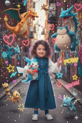 Happy Girl Holding Pikachu Surrounded by Colorful Pokémon Characters