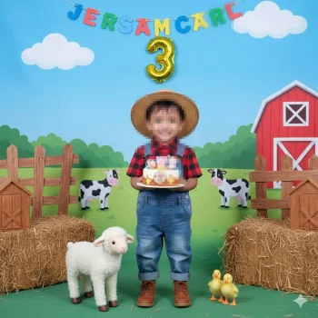 Happy little boy celebrating 3rd birthday with farm animals and cake