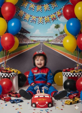 Happy little boy celebrating racing themed first birthday with car cake