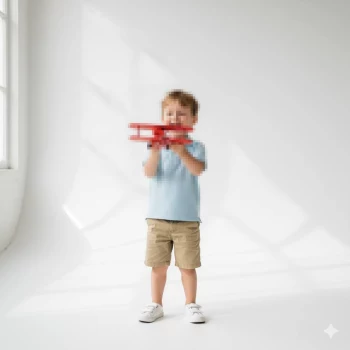 Happy Little Boy Playing with Red Toy Airplane in Bright Studio