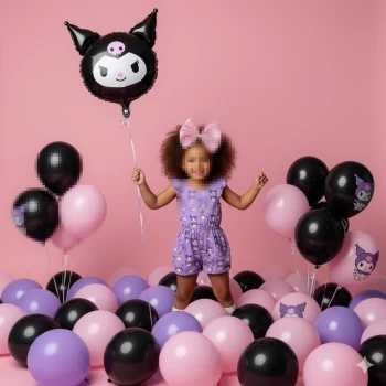 Happy little girl in purple outfit playing with pink and black balloons