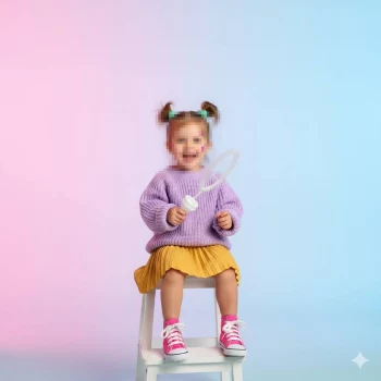 Happy Little Girl in Purple Sweater Playing with Bubble Wand