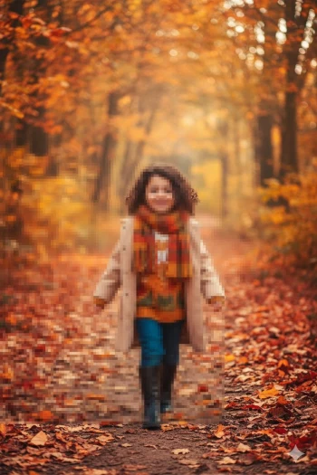 Happy Little Girl Walking in Autumn Forest with Colorful Leaves