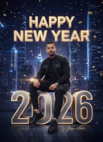 Happy New Year 2026 Luxury Portrait with Gold Typography and City Skyline