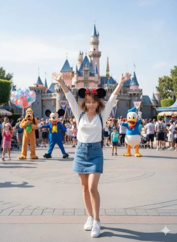 Happy Woman Posing with Disney Characters in Front of Fairytale Castle
