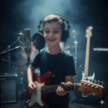 Happy young boy playing electric guitar and singing in music studio