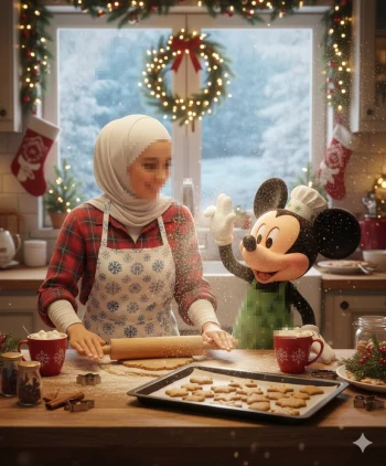 Hijabi woman baking Christmas cookies with Mickey Mouse in a festive kitchen