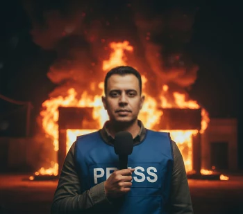 Journalist wearing blue press vest reporting in front of large fire at night