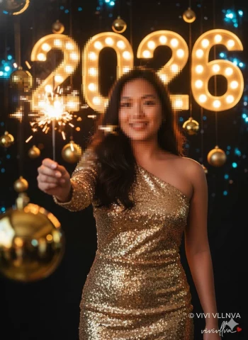Joyful New Year 2026 Celebration with Gold Dress and Sparkler