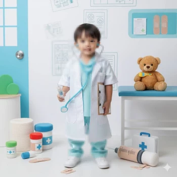 Little boy dressed as a doctor with stethoscope in a playful medical clinic setup