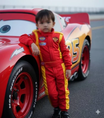 Little boy in red racing suit posing beside bright red race car number 95