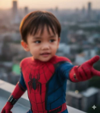 Little boy in Spider-Man costume posing heroically on city rooftop at sunset