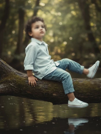 Little boy sitting on a tree above a calm pond in a peaceful forest scene