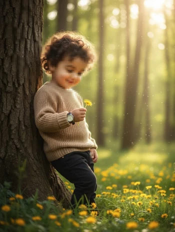 Little boy smiling and holding yellow flower in sunny forest meadow