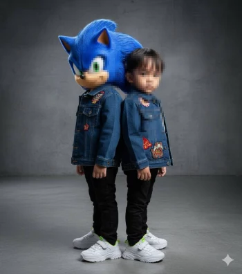 Little boy standing back to back with blue hedgehog character in denim jackets