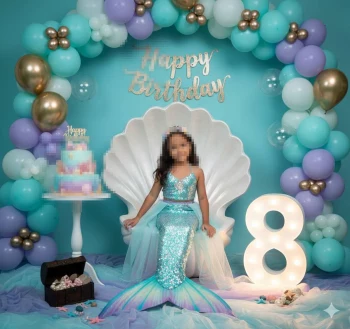 Little girl celebrating her 8th birthday in a magical mermaid theme party