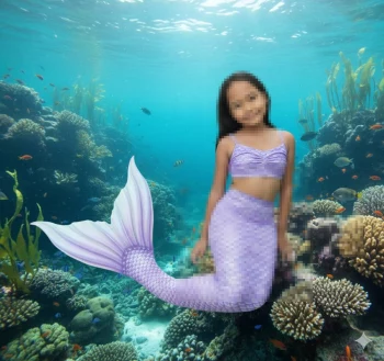 Little girl dressed as a mermaid swimming underwater among colorful coral reefs